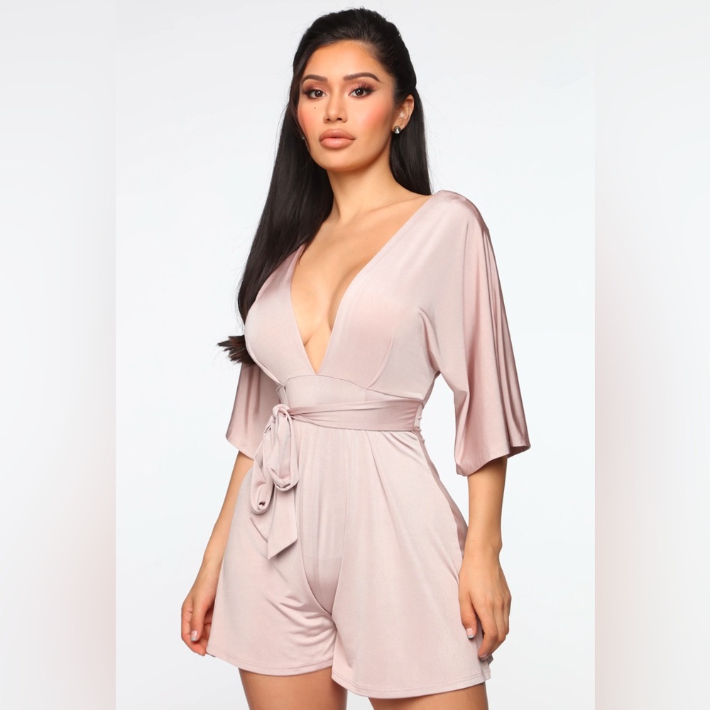 Fashion Nova Pink Nude Deep V-neck Short Sleeve Belted Romper with Open Tie-Back